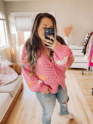 Crochet Knit Sweater Cardigan (Pink)