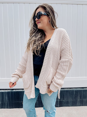 Chenille Comfy Cable Knit Cardigan (Taupe)