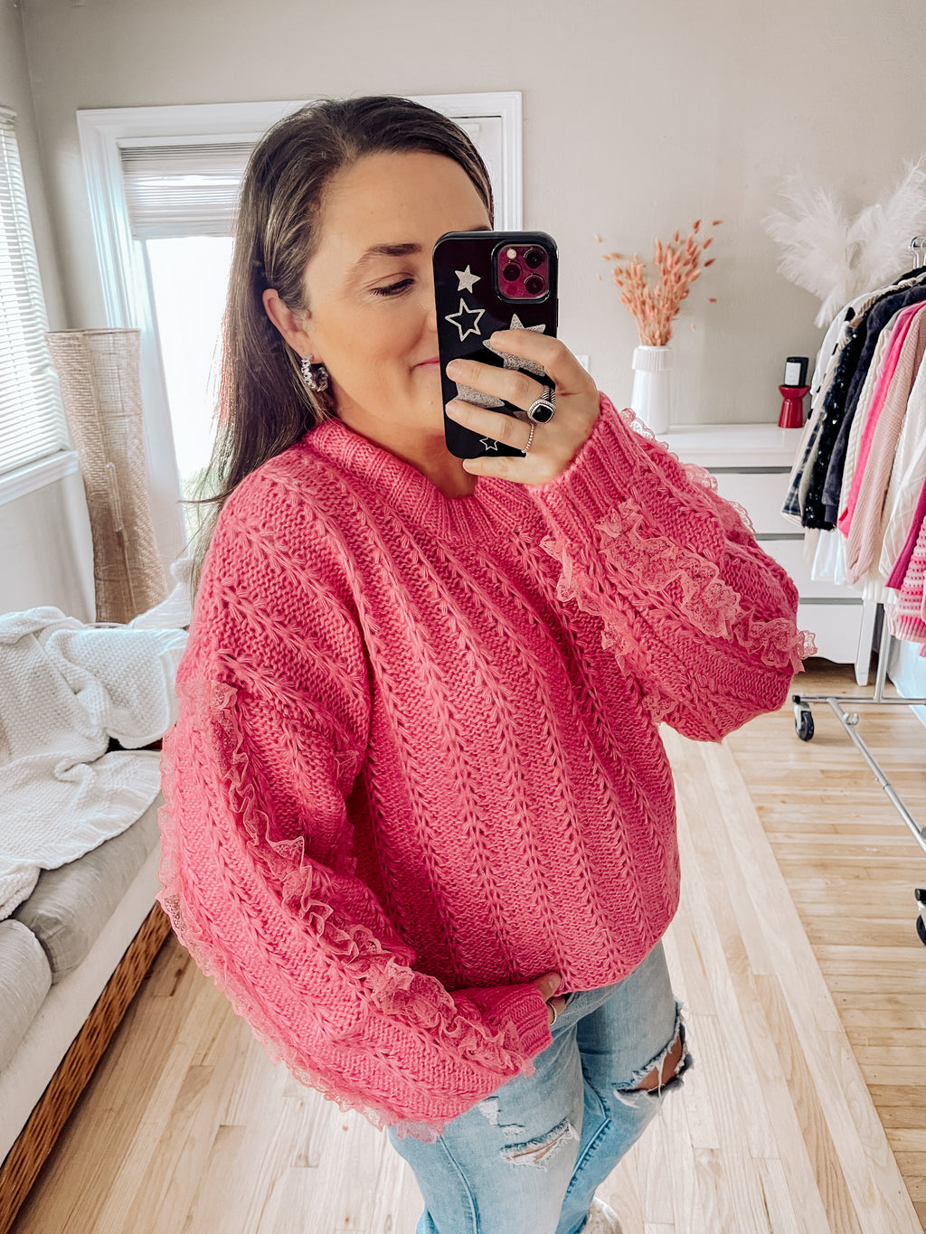 Lace Trim Knit Sweater (Pink)