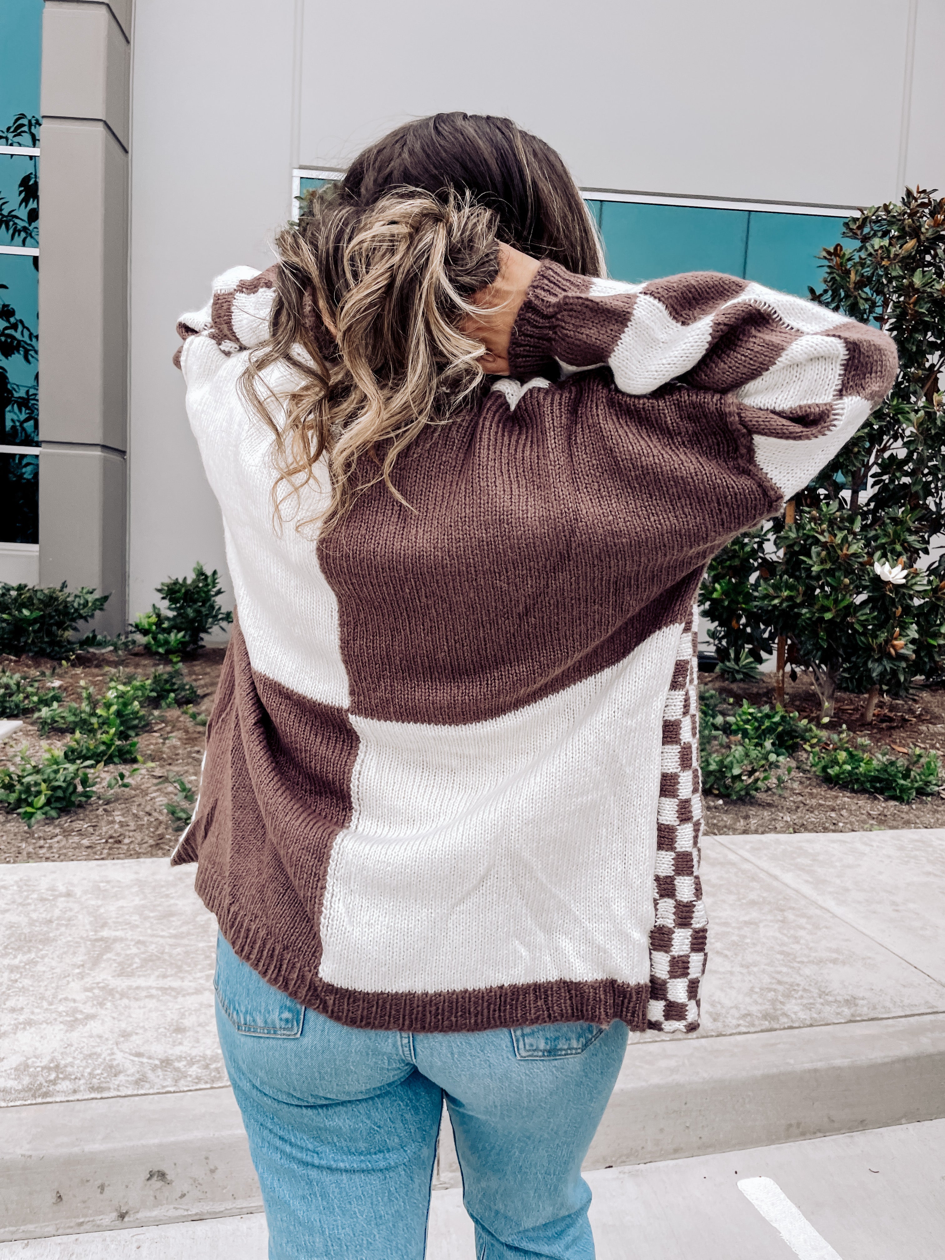Brown And White Checkerboard Cardigan