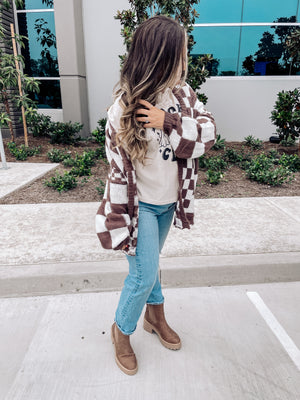 Brown And White Checkerboard Cardigan