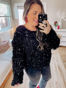 Fuzzy Feather Sequin Holiday Knit Sweater Top