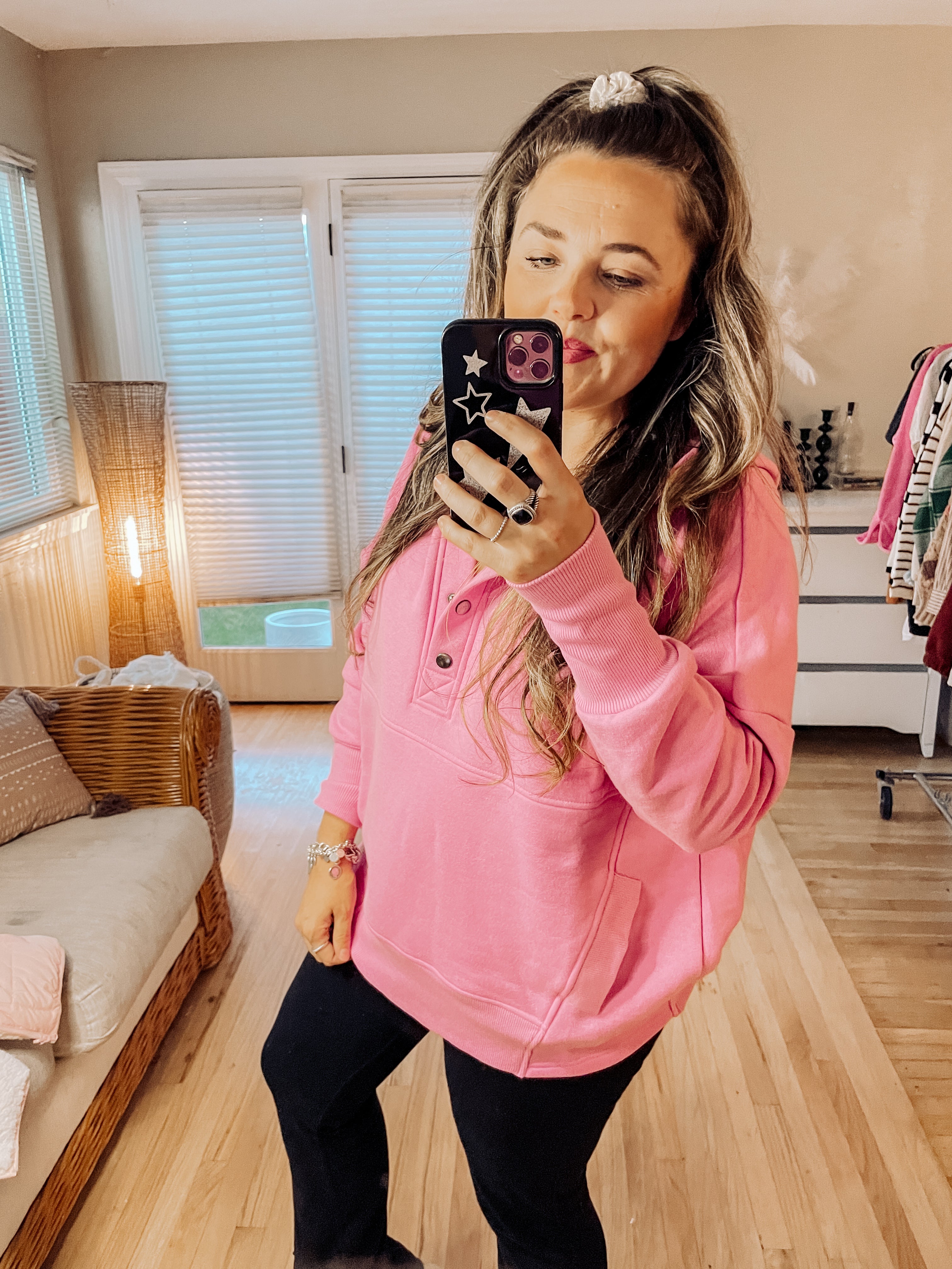 Easy Breezy Half Button Hoodie (Pink)