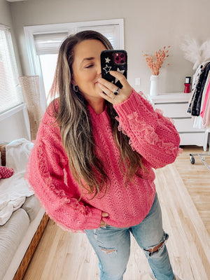Lace Trim Knit Sweater (Pink)