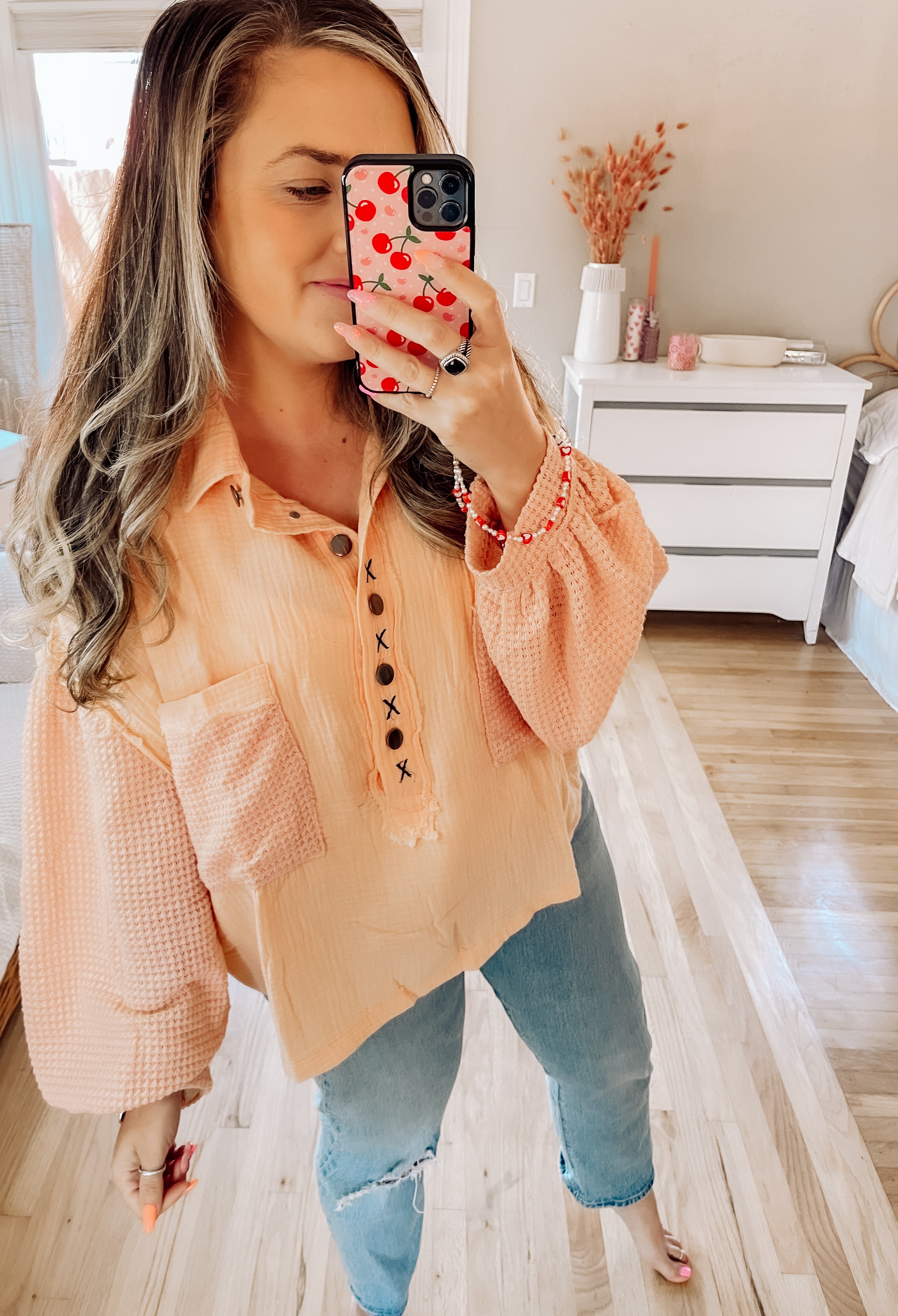 Peaches On My Waffle Please Henley Knit Top