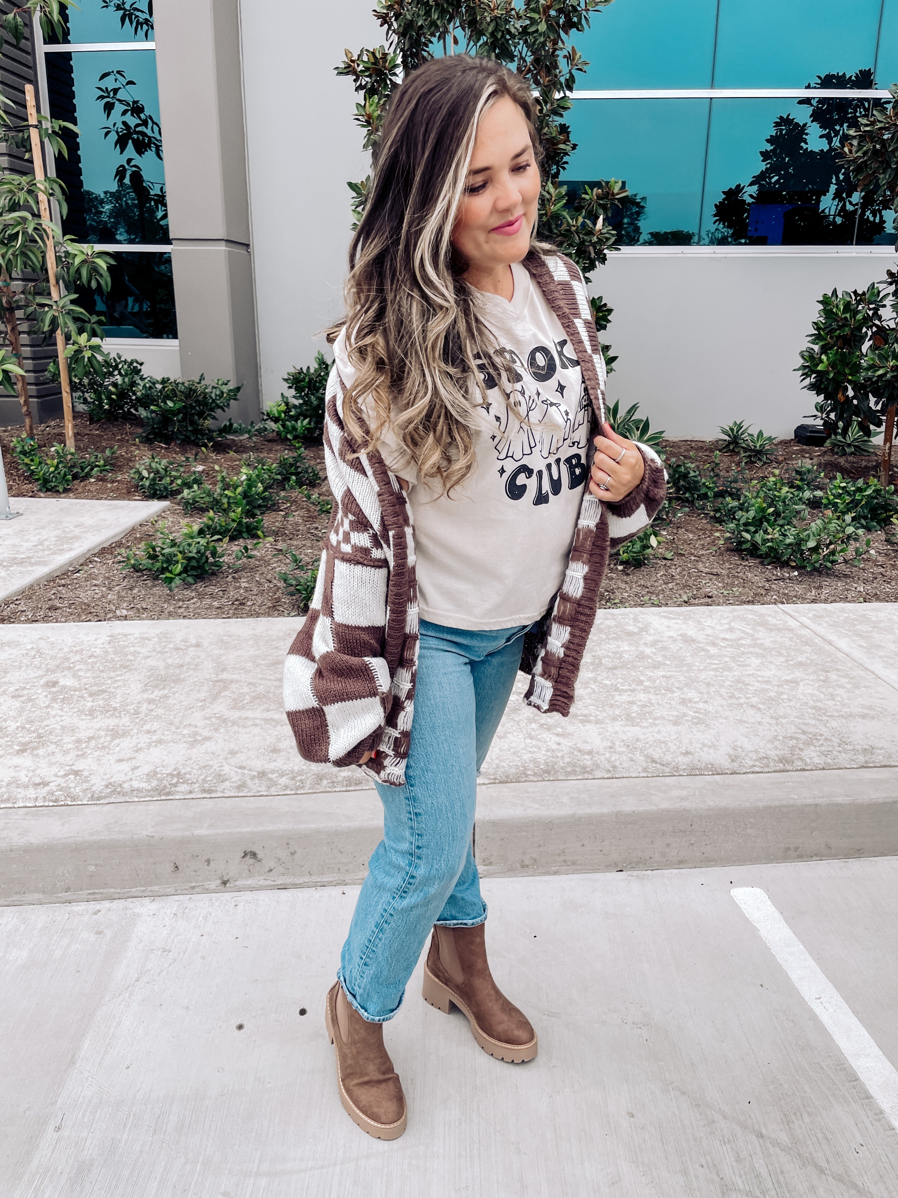 Brown And White Checkerboard Cardigan
