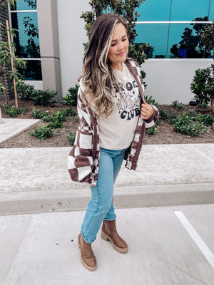 Brown And White Checkerboard Cardigan