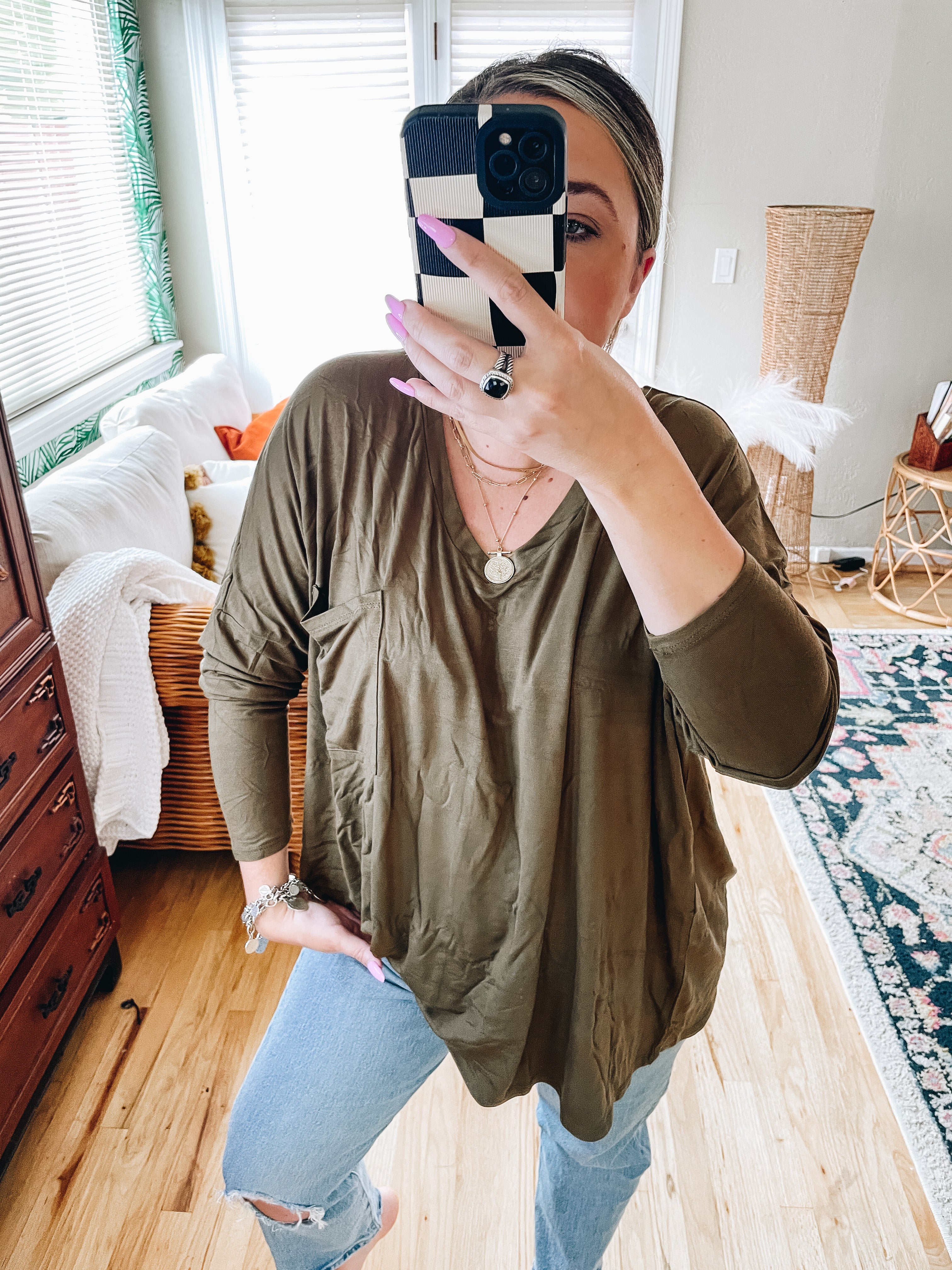 Out Shopping Long Sleeve Knit Top (Olive)