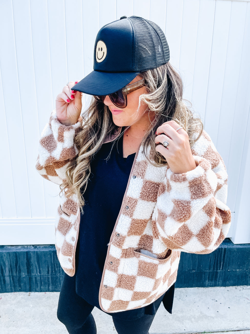 Checkered Snap Button Fleece Jacket (Tan)