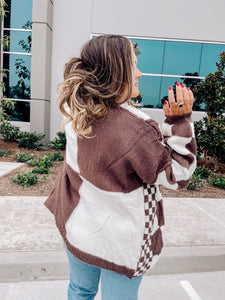 Brown And White Checkerboard Cardigan