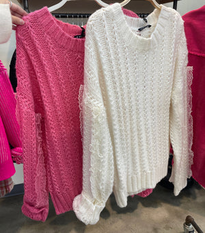Lace Trim Knit Sweater (Creme)
