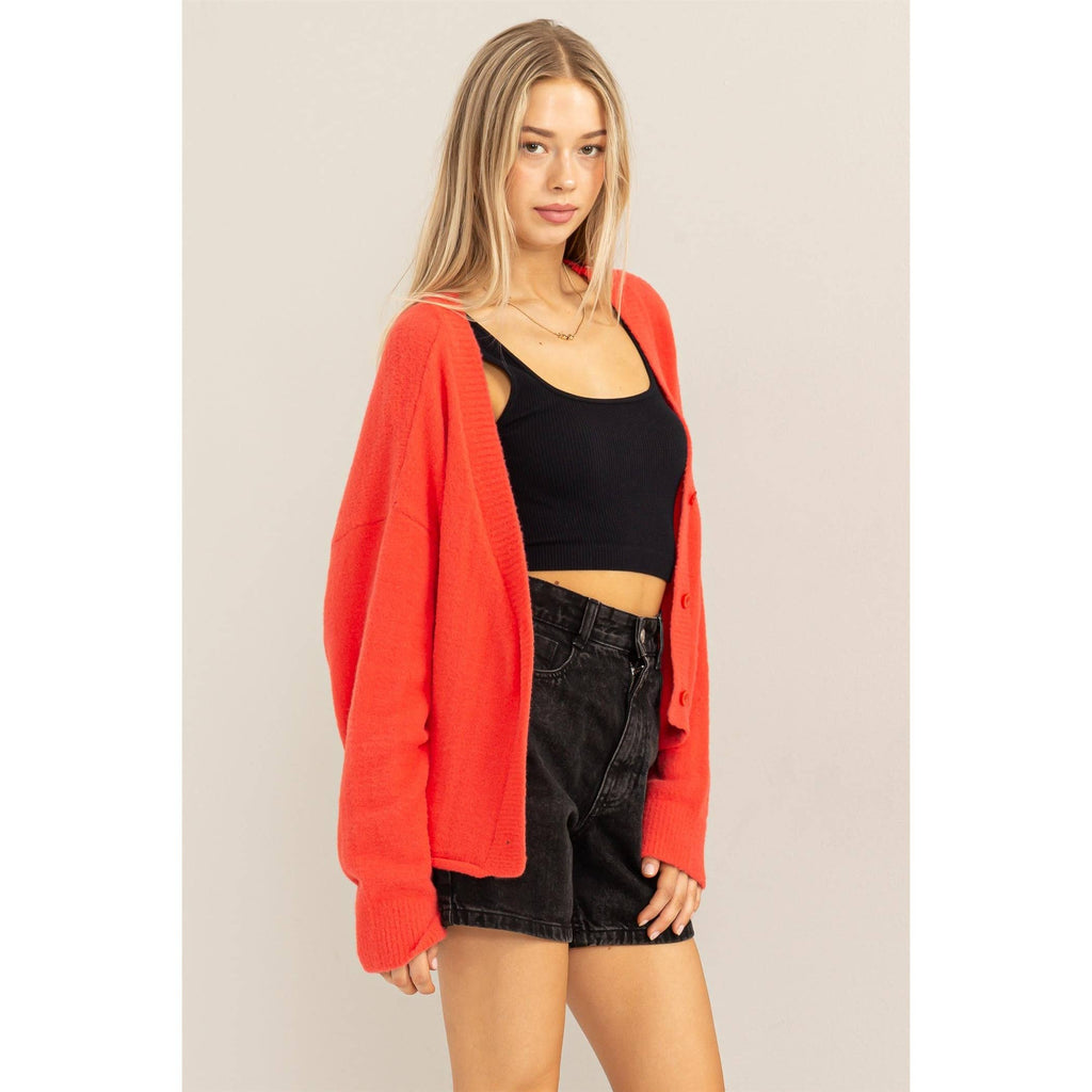 Oversized Drop Shoulders Cardigan Sweater (Tomato)