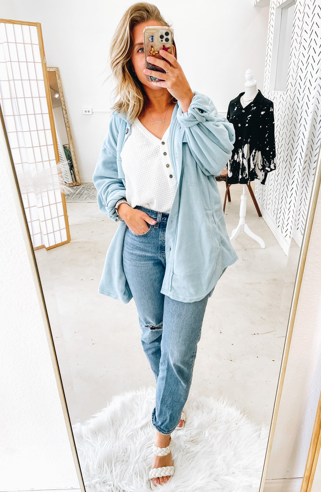 Making Me Blush With All That Plush Shacket Jacket (Baby Blue)