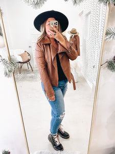 Cinnamon Faux Leather Belted Jacket